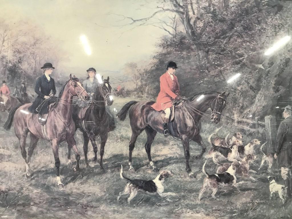 Framed Fox Hunt Print, Horse and Hound: Print depicts multi figures riding horses surrounded by dogs. Print is professionally framed and matted with brown toned wooden frame Fox Hunt Print, Framed Print, Wall Art, Fox Hunt Art. Piece measur