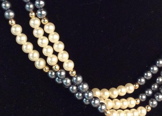 Multi Color Pearl Style Bead Necklace: white and silver toned costume pearls, Gold toned spacer Beads, alternating in color on 15.5 in. choker. Twist clasp. Pearl style Fashion Choker, Three Strand Choker, Fashion Jewelry, Pearl Style, Mul