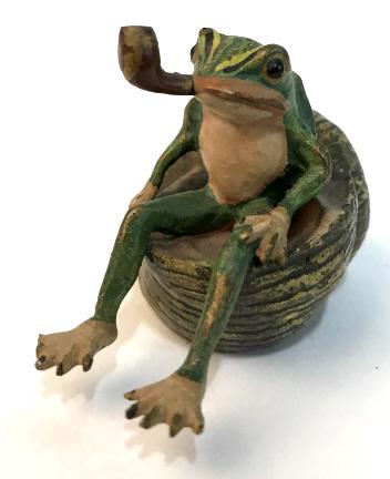 Set 3 FRANZ BERGMAN Antique Bronze Frogs W Flowers: Lot 2 antique Cold-Painted Vienna Bronze miniature frogs, c. 1910, anthropomorphic and whimsical in style. Frog Figurines are attributed to Franz Bergman or Fritz Bermann. The largest frog measures ap