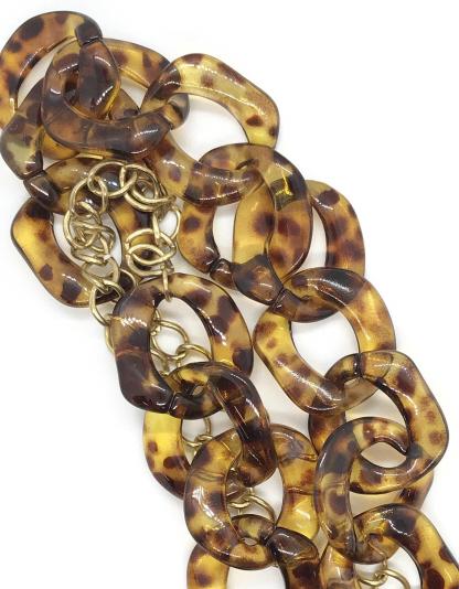 Tortoise Shell Style Beaded Link Necklace: Large Curd Link, 1 x 1 in. Turtle shell style beads, composite material possibyl bakelite, Top half of necklace gold tone curd links. Over the head, 36 in. Fashion Necklace, Opera Necklace, Curd Link,
