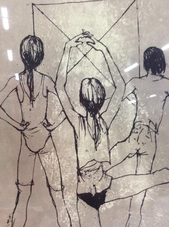 Jean Jansem Lithograph, Signed in stone: Green toned ground, illustrative depiction of 3 ballerinas, Framed in gold toned wood frame, with canvas matte, paper on reverse reads “Collectors’ Guild certifies and warrants that this is an ori