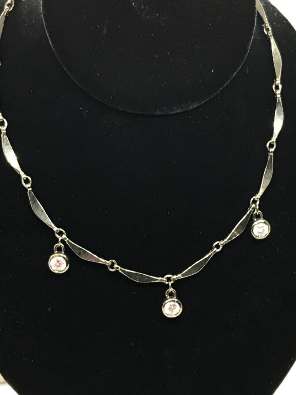 Lot 2, Art Nouveau Rhinestone jewelry Set: Coordinating Bracelet & Choker/Necklace w/clear rhinestones in deep grey ‘pot metal’ style, typical of early 20 th C. costume jewelry. Bracelet has lobster clasp, 6.5 in. Necklace has bar links wi