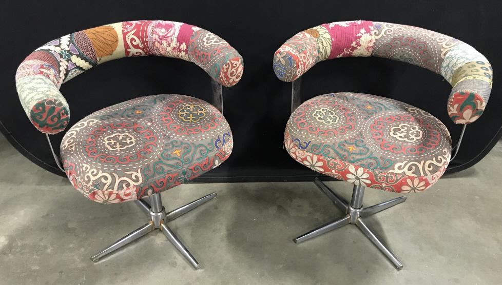 Pair BOKJA ABC Carpet & Home Designer Armchairs: Pair BOKJA Lebanese ABC Carpet & Home Designer Armchairs on chrome toned metal four footed pedestal base, half moon shaped metal frame with multicolored patterned design of quilted and chain stitched 