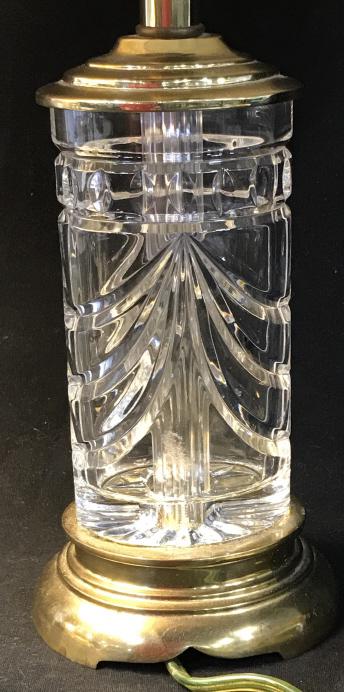 Pair Waterford Crystal & Brass Boudoir Lamps: Crystal Waterford Accent Lamps, Portable, with original Waterford Lighting history tag attached and original Waterford green/ gold sticker label on one lamp. Brass base and hardware, cut crystal oblon