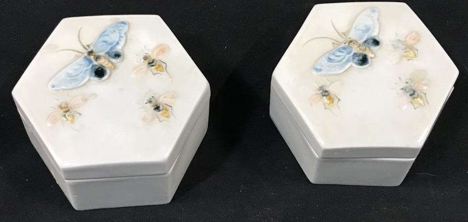 Pair Korean Porcelain Butterfly Boxes: Butterfly and bee decor in relief on removable lid. Hexagonal shape. signed w Korean characters in blue ink on underside. App 2 1/4 in. ht, 3.5 in. wide. No surface issues. Asian Ceramics, Asian Porce