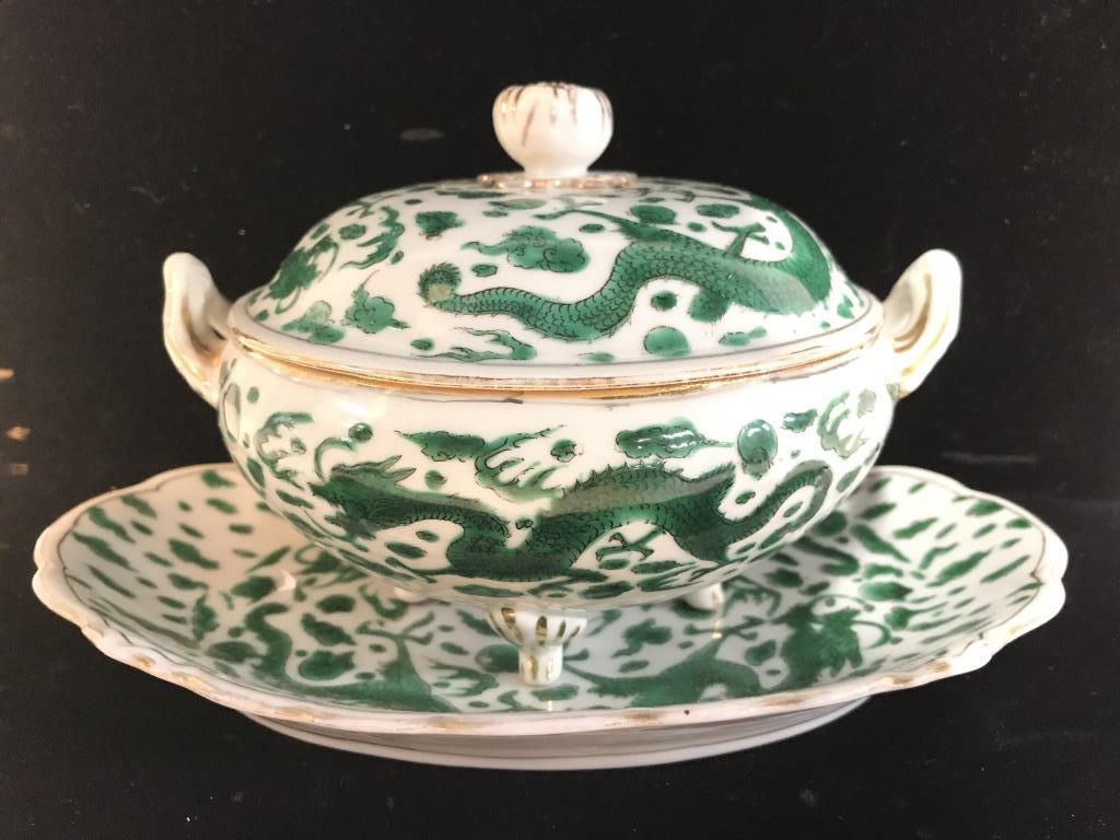 Lot 2 Green Dragon Porcelain tureen & Plate: Lot includes 1 Plate & 1 bowl with 4 feet and lid. plate measures approx 9.5 inches long 6 inches deep. tureen, tableware, asian porcelain