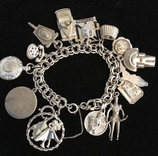 Vintage Charm Double Link Chain Bracelet, Germany: Double curd chain with spring ring clasp, impressed w/‘Geramany’ some charms marked ‘Sterling’ or ‘Mexican 925’. 14 Charms, include Retro dial phone, car, Florida, Shakespearean Actor, Sta