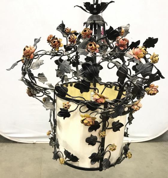 Vintage Floral Detailed Metal Chandelier: Chandelier is metal. Contains intricate floral leaf and vine detail. Contains red, yellow, & orange toned metal flower structures. Appears to possibly be hand painted. Metal chandelier, floral chandel