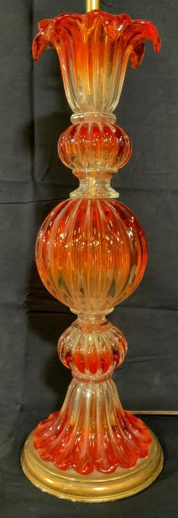 Vintage Murano Art Glass Table Lamp: Vintage Murano Art Glass Table Lamp with multi tiered hand formed glass layers in clear to paprika gradient tones, mounted on gilt wooden base, brass toned metal hardware, includes finial, lamp not te