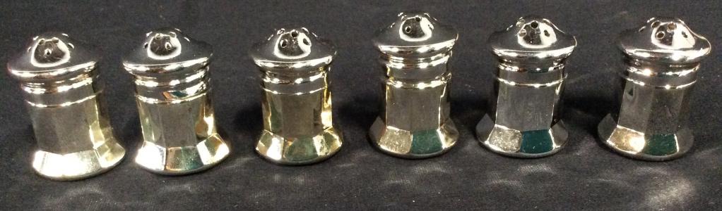 FB ROGERS Silver Plated Salt & Pepper Shaker Set: This is a 6 piece salt and pepper shaker set from FB ROGERS. The pieces are silverplated, F-440. Each piece comes with its own plastic bag for storage. Each piece is labeled as having been made in Jap