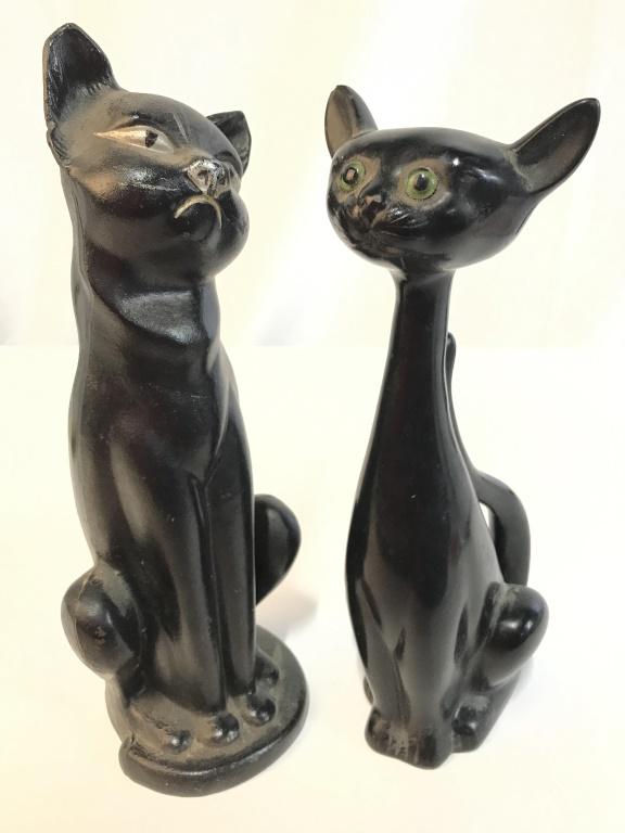 Lot 2 Black Toned Metal & Composite Cat Figurals: One cat Figural is metal, possibly iron. One Figural appears to be composite. Metal cat Figural appears to be hand painted. Feline Figurals, cat Figurals, Metal cat, hand painted cat, feline art, cat 