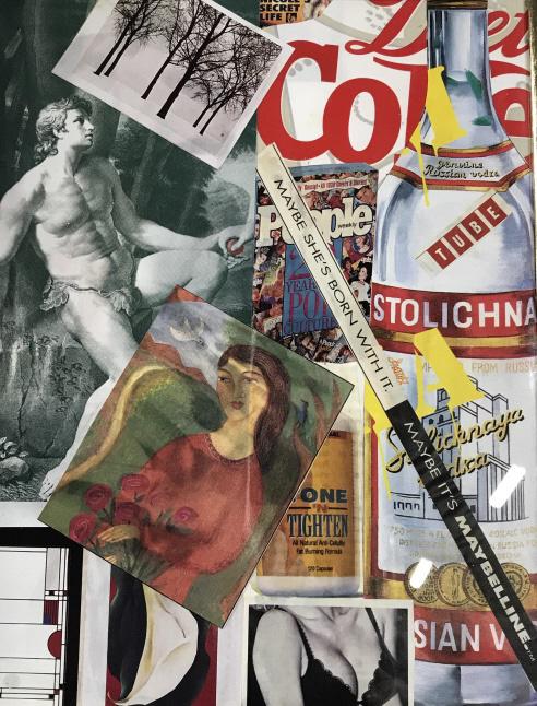 Vintage Mixed Pop Art Collage, Framed: Framed with glass in sleek rounded modern gold toned frame. Mixed college pieces, popart arrangement. One of a kind art. Hanging hardware attached. Measures app 12 x 10 in. No surface issues. Framed A