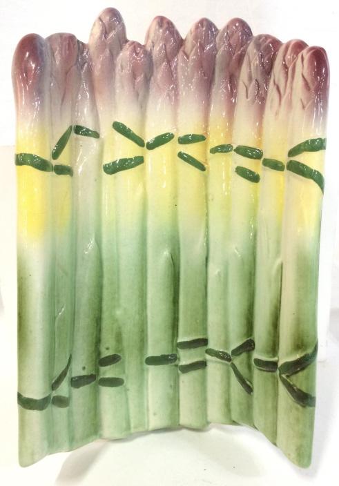 French Porcelains Asparagus Serving Dish: Signed illegibly on underside, Marked France, Asparagus Form Ceramic Porcelain Dish with low foot base, appears to be hand painted using tones of green yellow and purples, minimal surface wear. measur