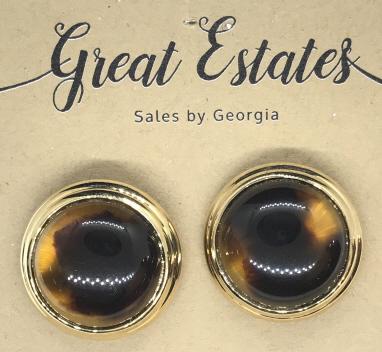 RALPH LAUREN New Costume Earring Studs, Signed: Tiger Eye Style Center Stone In bezel setting with double halo gold tone surround. Labeled with symbol for Lauren Ralph Lauren. Comes in a grey gift pouch. Post stud earrings, disc backing, also signe
