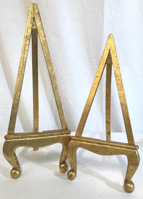Lot 2 Gold Leaf Wood Table Art Easels: Matching easels, one shorter than the other. Both 3.5 in. ht. & 5/8 in. wide shelf. Art Accessory, Table Easels, Display Easels, Tabletop, Display Accessory, 3