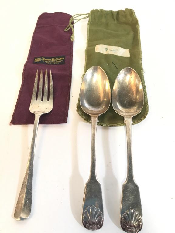 Lot 3 Collectible British Serv. Utensils: T& Co. 4 Prong Serving Fork. Possibly silver, Hallmarks of Lion Passant possibly indicating sterling purity, London Leopard Head And ‘S’ Mark. Stamped ‘England’. Matching pair or J & W M Silve