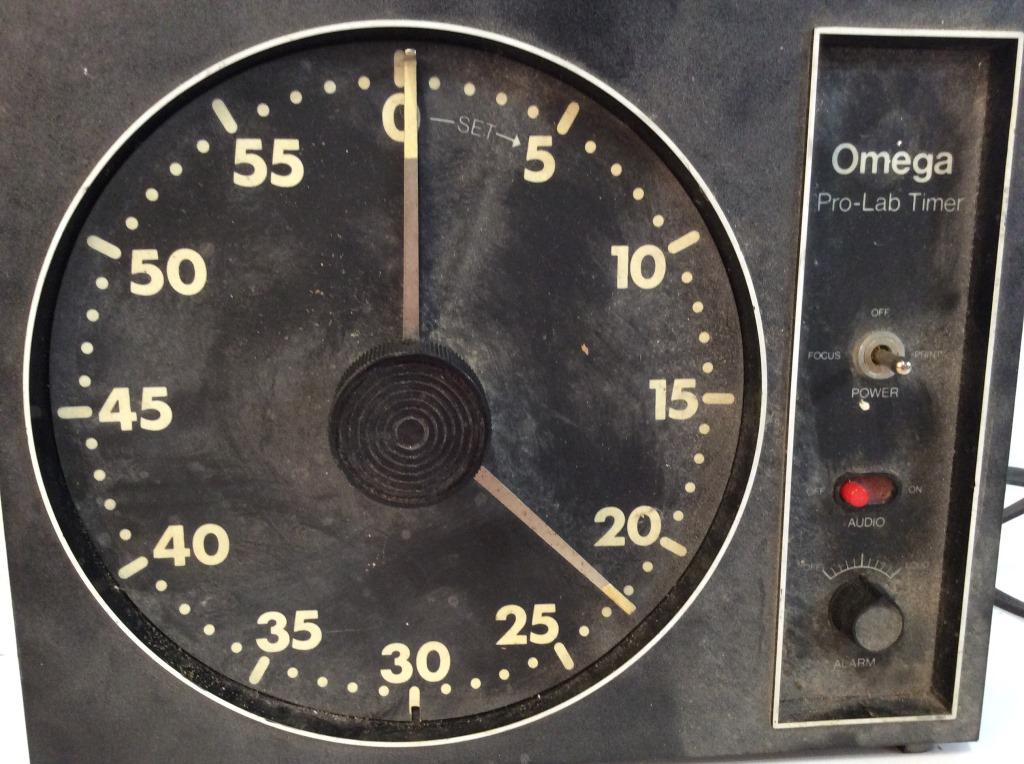 Vintage Omega Pro-Lab Darkroom Timer - No. 461-030: Signs of wear from usage and age. Not tested for functionality. Approximately 12inches wide and 9.5 inches tall. Darkroom, darkroom timer, timer, clock, vintage, photo, photography, photo equipment, v