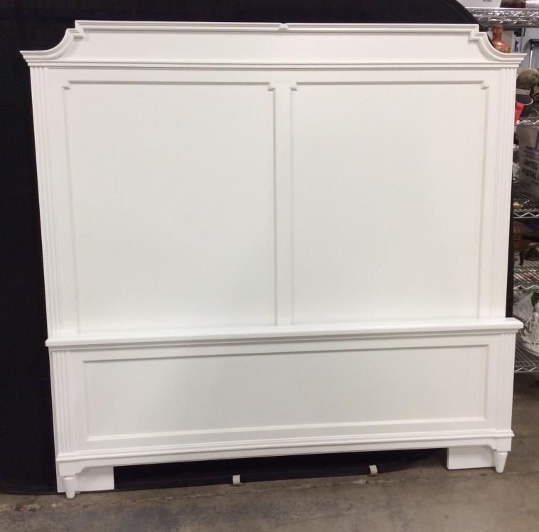 Country Willow White Toned Bed Frame: Country Willow White Toned Bed, includes headboard, footboard, side panels, rails and hardware, small crack to headboard, measures approximately 65 inches wide x 64.5 inches tall, side rails are appro