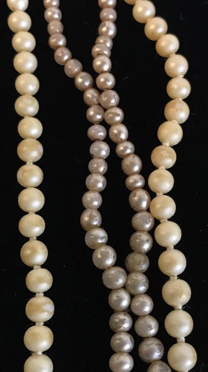 Vintage Lot 2, Costume Pearl Necklaces: Pearl style choker, champagne toned beads, evident wear to finish, Can be re purposed for craft projects or new jewelry. Pearl Necklace, vintage color yellowed. Can be worn as is or re purposed for cr