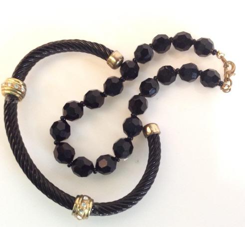 Lot 3 Fashion Bracelets and Pendant necklace: Faceted Jet Style Beads Bracelet, lobster clasp , app 7.5 in. long. David Yurman Style Black Twisted Cable Cuff with Crystal accents on gold toned metal, 2 3/8 in. wide. Silver tone shell pendant on m