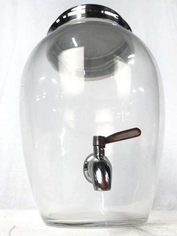 Glass Beverage Dispenser W Metal Lid: Beverage dispenser is glass. Contains silver toned metal spigot and lid. Measures approx 15 inches tall 10 inches wide. tableware, drink dispenser, picnic accessory, party accessory 6