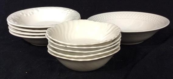 Lot 10 White Ceramic Bowls: Lot includes 5 6inch bowls, 4 8inch bowls, and 1 9inch bowl. Bottom of 6inch bowls read JB JOHNSON BROTHERS MADE IN ENGLAND IRONSTONE 1U3. 8inch bowls read MADE IN CHINA. 9inch bowl reads WICKER BY ON