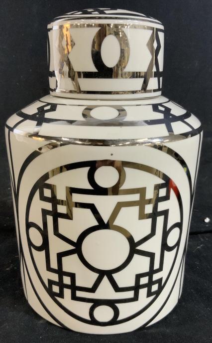 Contemporary Porcelain Lidded Ginger Jar: Marked underside for Three Hands Corp, contemporary porcelain Lidded cylindrical vessel, vase, jar, decorative accessory, measures ht app 10 inches diameter app 6.5 inches