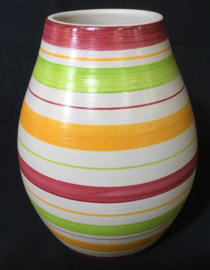 Handmade Decorative Earthenware Peruvian Vase: This piece is a decorative vase, stoneware pottery, The piece measures approx 8.5 inches H, and 8.8 inches in diameter. The piece has been colored in tones of maroon, Amber, and lime green colors on a