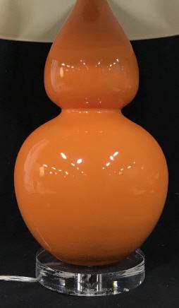 Pair DOVECOTE Orange Gourd Lamps W Silk Shades: Pair of DOVECOTE vibrant tangerine orange gourd lamps with lucite bases. Cream tone silk shades. Each measures approx 29.5 inches in height by 15 inches in diameter with shades. Decorative lighting, l