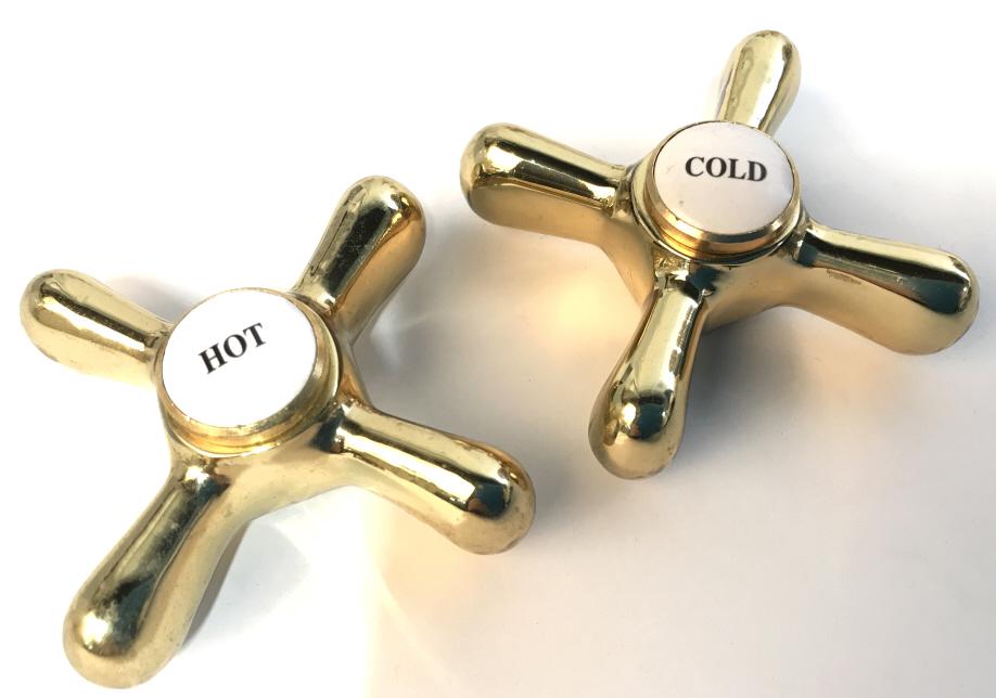 Brass Hot & Cold Water Faucet Handles, c.1920: Vintage Design, Bath, Shower or Sink Handles, 3 x 3 in. Popular style in the 1920s & 1930s. One labeled Hot, the other Cold. Interior Decor, Bath Sink Accessory, Tub Accessory, Shower Accessory, Vinta
