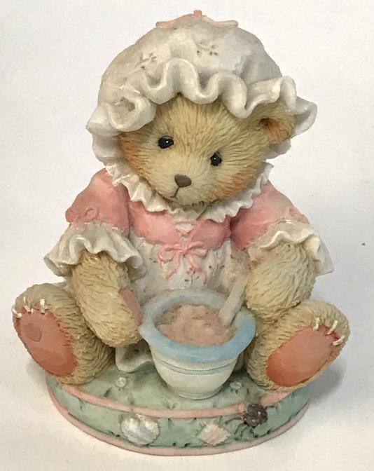 Collectible Cherished Teddies Porcelain, c. 1993: In original Box. Little Miss Muffet Figurine. Style no 642799. Enesco Corp. Registered No. 4H9/642. 3 x 3 in. Pricilla Hillman, Enesco Corporation, Little Miss Muffett, I’m Never Afraid With You At 