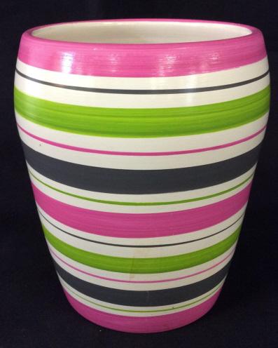 Handmade Earthenware Peruvian Vase: This piece is a decorative vase, stoneware pottery. The piece measures approx 8 inches H, and 6 inches in diameter. The piece has been colored in pastel tones of lavender, Rose, and lime green colors 