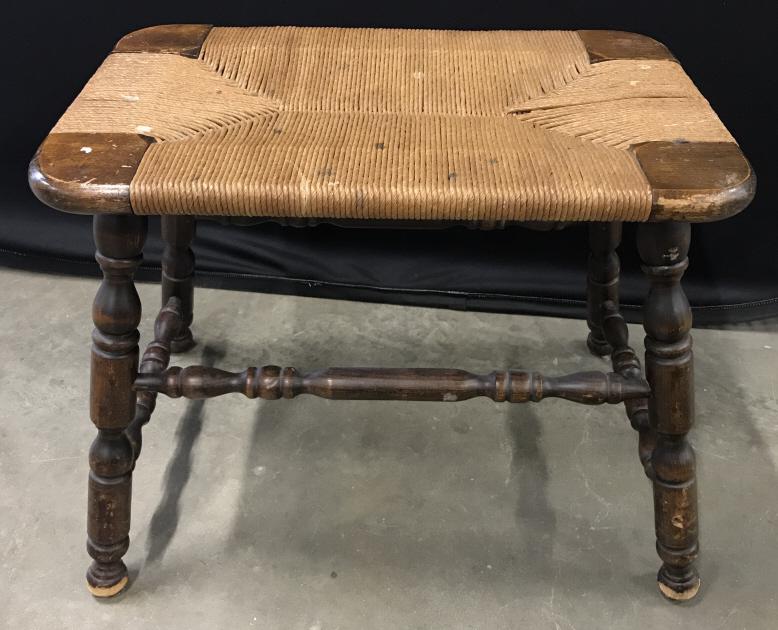 Vintage Wooden Stool With Rush Seat: Vintage Wooden Stool With Rush Seat and turned legs and stretchers, marks, scratches and wear to piece, measures approximately 22 inches long x 14 inches wide x 18 inches tall. Vintage Stool, Antique 