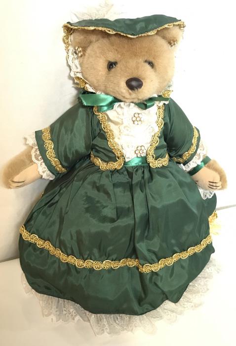 Bearly People Plush Bear, Scarlet Drape Dress: Collectible Bearly People ‘Scarlet O’Hara’ Plush Bear. C. 1991. Scarlet In her green dress, with hat and fringed purse, made from the drapes from TARA. With rhinestone earrings and buttons, lace