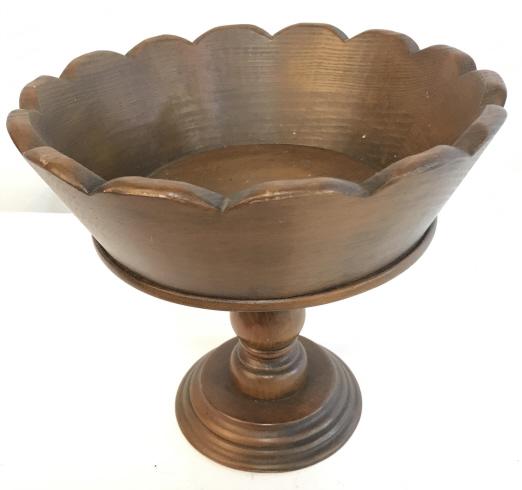 Scallop Rim Wood Pedestal Tazza: Vintage Tazza in dark wood, carved detail. Possibly stained oak. App 7.5 in. tall, 8 in. diameter, base 4 1/4 in diameter. Lightweight. Centerpiece, Table Display, Dark Wood,Wood Grain Tableware, Frui