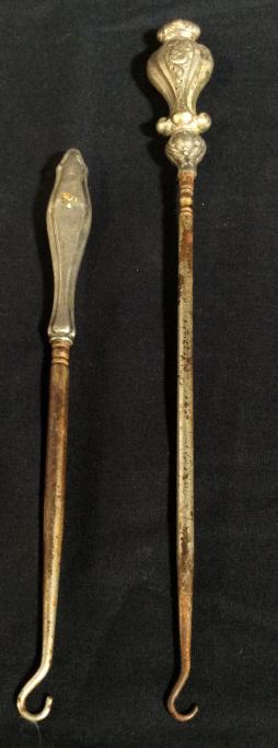 Set 2 Vintage Victorian Style Shoe Button Hook: This is a set of two shoe button hooks, the pieces are Victorian styled. The pieces are vintage, possibly antique. One of the pieces is monogrammed with the letter H. The largest piece measures approx