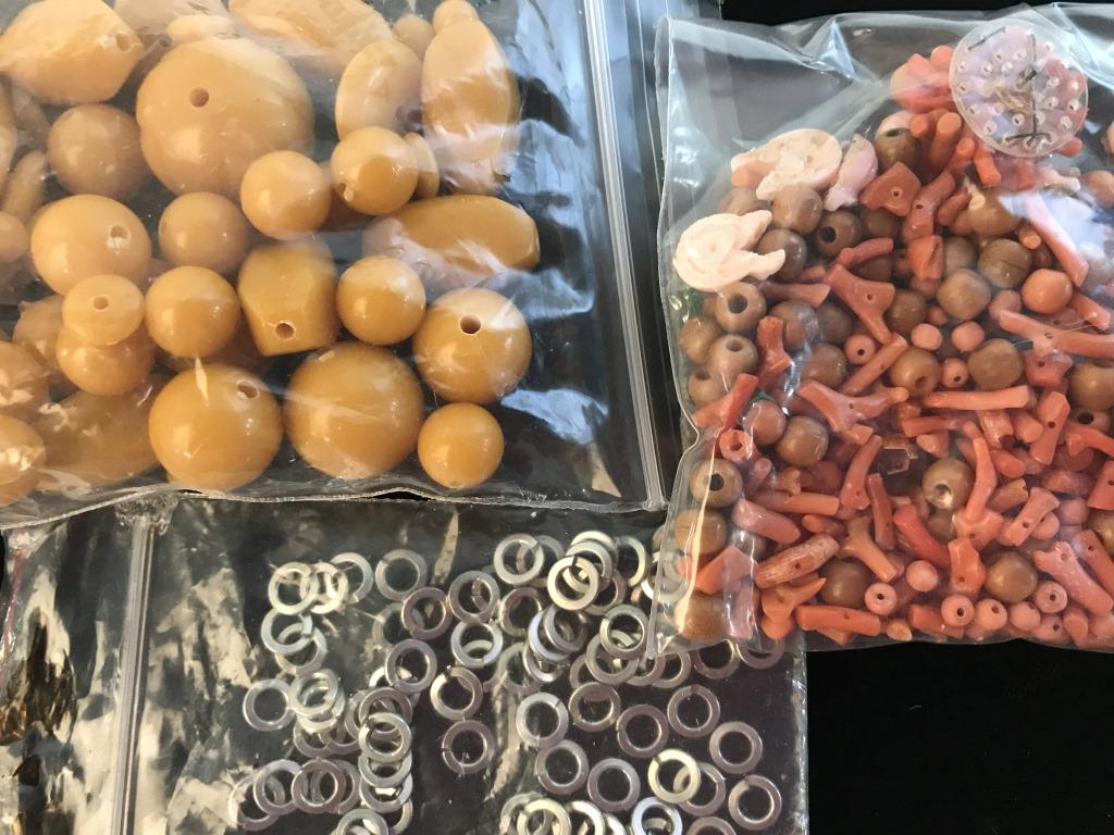 Jewelry Makers Group Lot: Black rubberized cord, bead ball chain, 2 types of cable chains (need simple repair). 1 vintage screw back earring. Package of flat open round metal discs, package of plastic mustard- orange beads, al