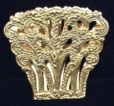 Ornate Edwardian Brass Clip: Vintage Brass, Reticulated decor in relief with swirls and loopy vertices lines. Spring mechanism, clips on bottom. 3 x 3 1/4 in. App 3/4 in wide. Desktop Accessories, Ornate Paper Clip, Vintage, Edwa