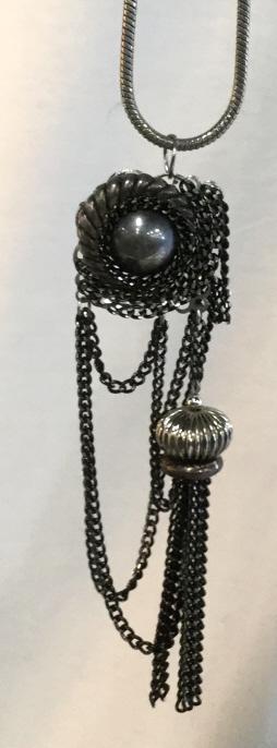 Arts & Crafts Era Pendant Necklace, Jewelry: 16 in thick snake chain, 1/8 in. wide. Pendant has silver toned center ornament with curd chains wrapped and hanging . Added tassel accessory. Pendant hangs 6 in. App 1.5 in wide. Snake chain, Artisan