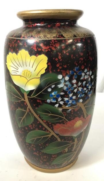 Vintage Hand Painted Ceramic Vase, Japan: This is a vintage hand-painted decorative vase. The piece is colored in yellow, green, gold and red tones on a black base. The neck, rim, and base of the vase are colored with gilt paint, there is a r