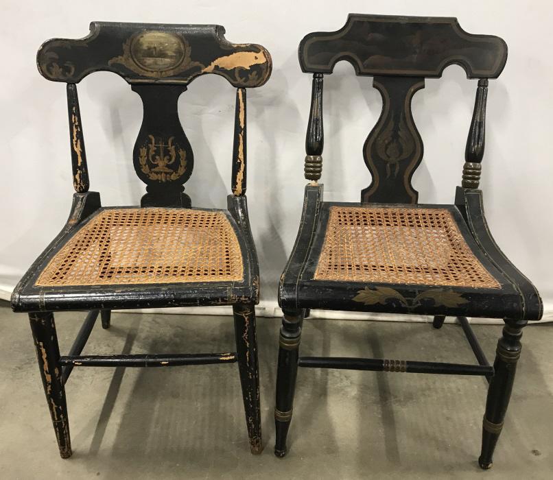 Lot 2 Antique Hand Painted Side Chairs: Lot 2 Antique Hand Painted Side Chairs with turned legs, stretchers and caned seats, chips and missing paint to surface, measures approximately 31.5 inches tall x 17.25 inches wide x 20 inches deep. A