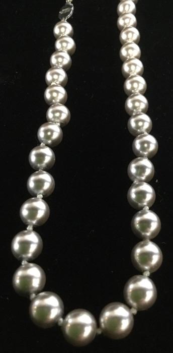 Signed MONET Pearl Style Necklace, Jewelry: Princess Length Necklace. Signed MONET on clasp, 16 in. App 8 mm round pearl style beads in silver tone. Necklace, Pearl Style, Silver Pearls, Costume Jewelry, Wardrobe Accessory, Fashion Pearl Neckla