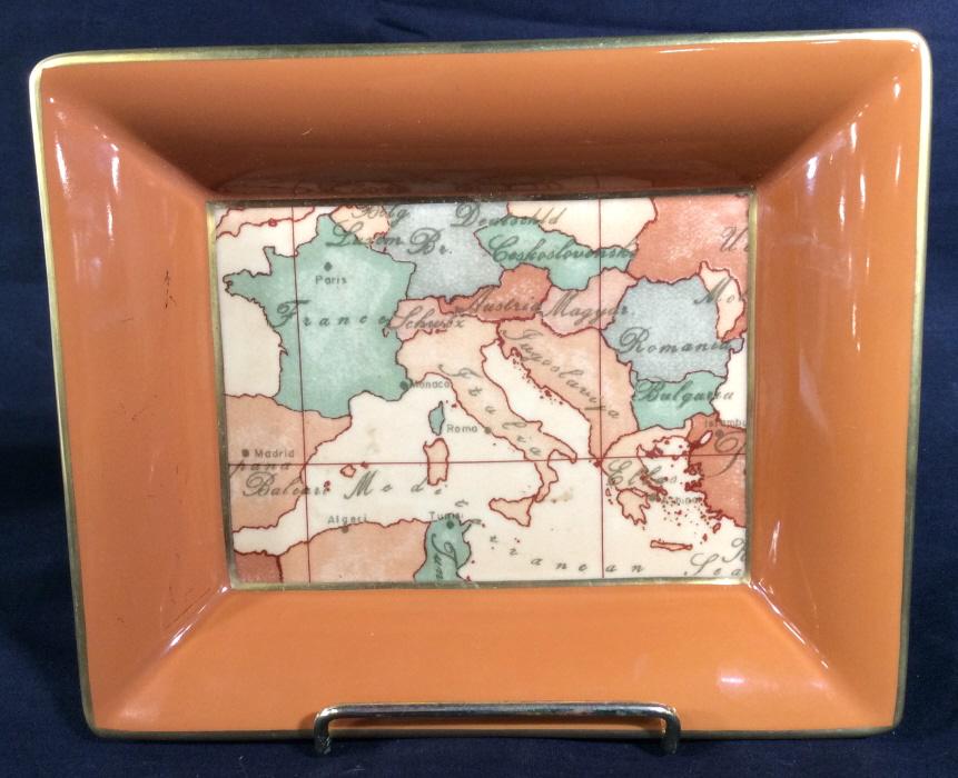 LEGLE LIMOGE Mediterranean Map Deco Tray, France: This is a LEGLE LIMOGE Decorative Tray. The piece is decorated with a map of The Mediterranean Sea and its surrounding countries. The lip of the tray is colored in burnt orange tones, the rim is color