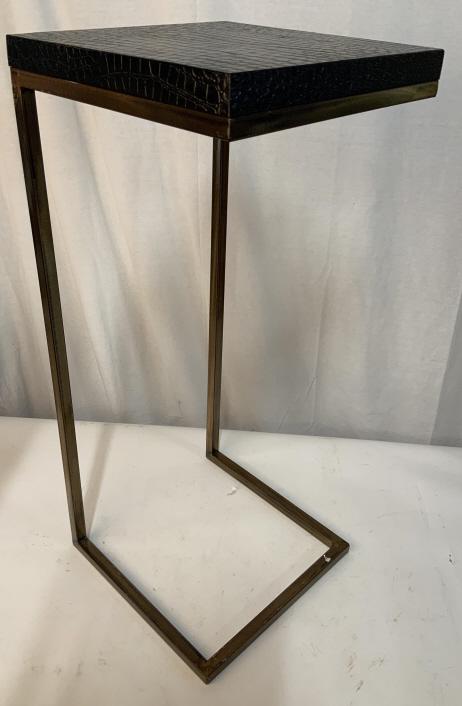 Leather Gilded Metal C Form Table: End table, side table, night table, lamp table, drinks tubular metal base with copper gold toned glazing or enameled finish, in C Form, top is lizard designed pressed black glossy believe leather, lea