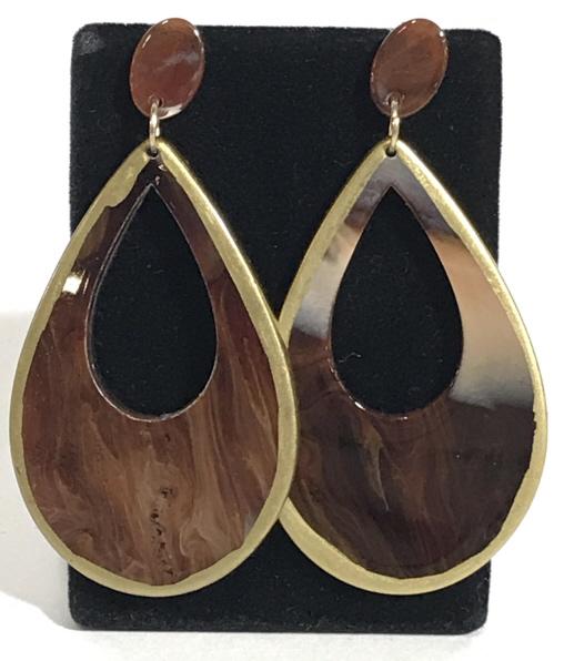 Oversized Tear Drop Fashion Dangle Earrings: Oval posts with large tear drop dangle. 3 in. long. 1.5 in. wide. Composite, bakelite style, with gold paint rim. Disc backs. Comes with keepsake pouch. Fashion Earrings, Pierced Ears, Dangle Earrings