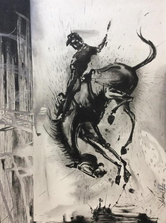 Signed Painting Man on Horse after R Hambleton: After Richard Hambleton. Unframed Canvas, Black Ink / paint gestural representation of man on bucking horse, some wear and fraying to canvas edge, canvas measures approx. 21 in by 28 in. Fine art, pai