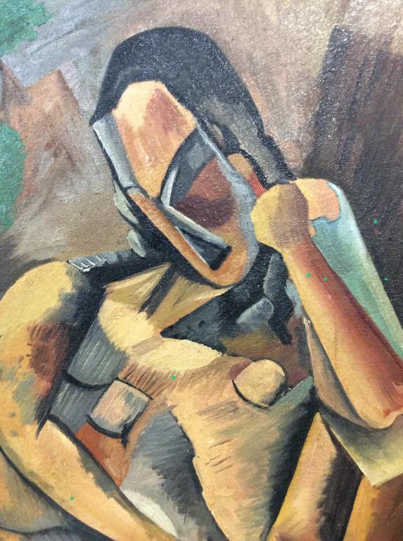 Painting on Canvas After Picasso: In the style of Picasso, Cubist Art Nude Portrait Of a woman, earth toned with areas of blues and greens. Unframed Canvas. Labels on reverse. Canvas measures approx 23 in by 16 in. Cubism, portraiture