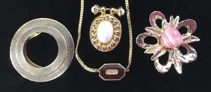 Lot 8 Necklaces & Jewelry Accessories: Etched double link chain opera necklace with unusual shaped white beads, 24 in. Chokers, gold tone, one curd chain with art nouveau pendant ( needs crystals), one flat chain w enamel pendant. Both app