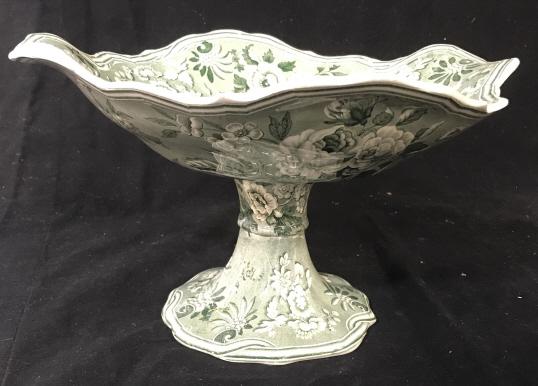 Copland Garrett Green Floral Tazza: Vintage. New Blanche Green Collection From Copland Garrett Transferware. Underside has stamp mark and extra ID # E2893. Floral Pattern in green & White. Pedestal Tazza. 7 in. Height. 10. In.diameter.