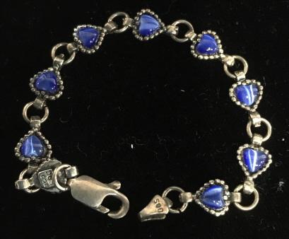 Pair SS Bracelets, Pearl Style Eye Glass Chain: Blue cat’s eye shaped in hearts in studded setting. Impressed 925 on metal near clasp, also impressed 500 and 925 on each underside of heart. 5 in. long. MURANO Style Art Glass Beads with ‘center